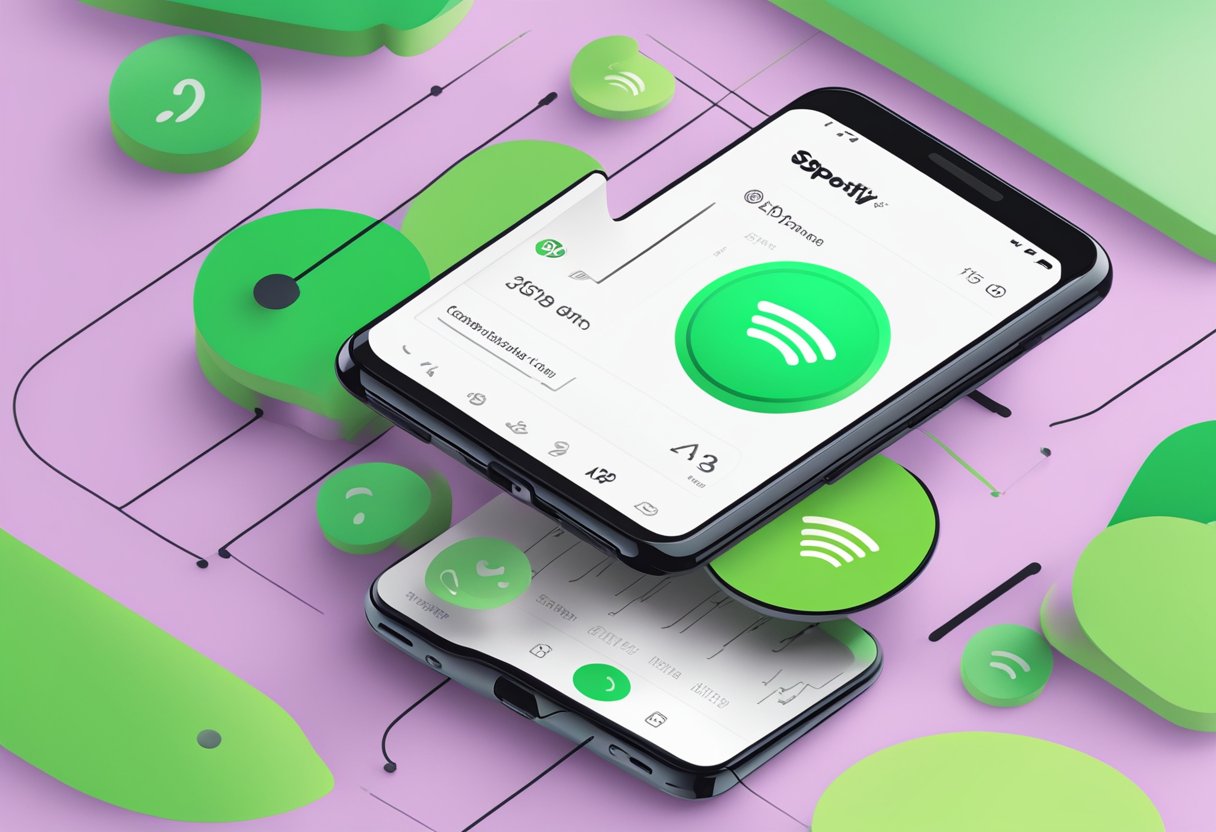 Un teléfono inteligente con la aplicación Spotify abierta, que muestra un gráfico de escuchas en aumento.