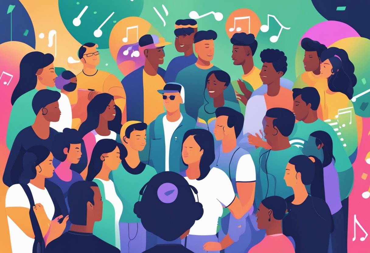 A group of diverse people gather around a Spotify logo, interacting and engaging with the community. The logo is surrounded by music notes, symbolizing increased listens and engagement