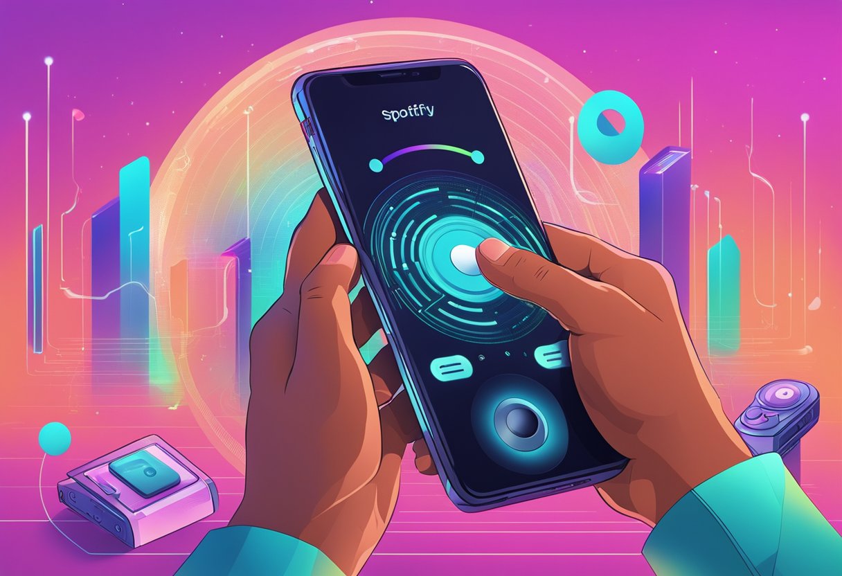 De hand van een muzikant past een Spotify afspeellijst aan, omgeven door futuristische muziektechnologie