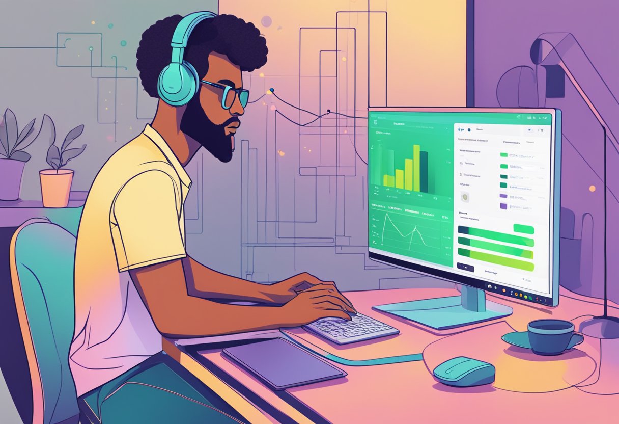 Az a személy, aki számítógépen elemzi az adatokat Spotify növelése érdekében, figyel